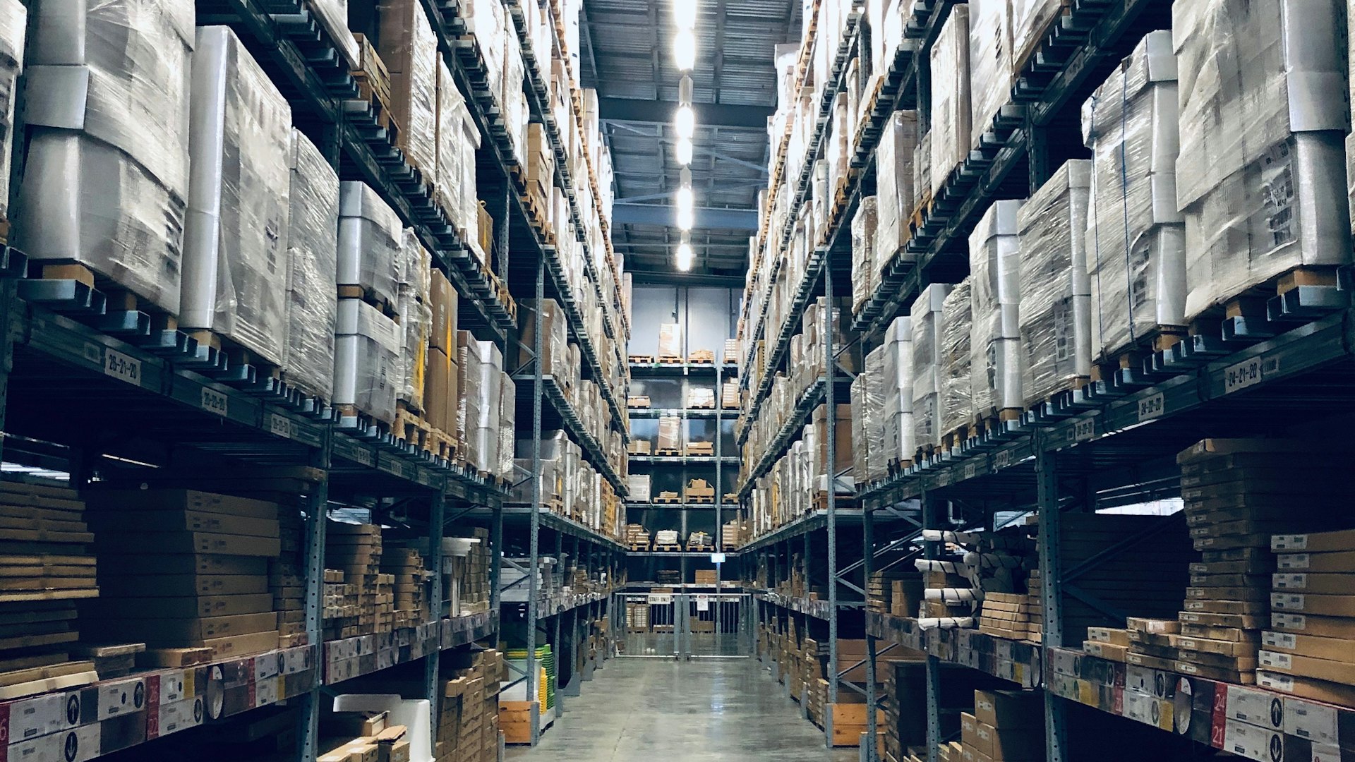 Warehouse racks stocked with products
